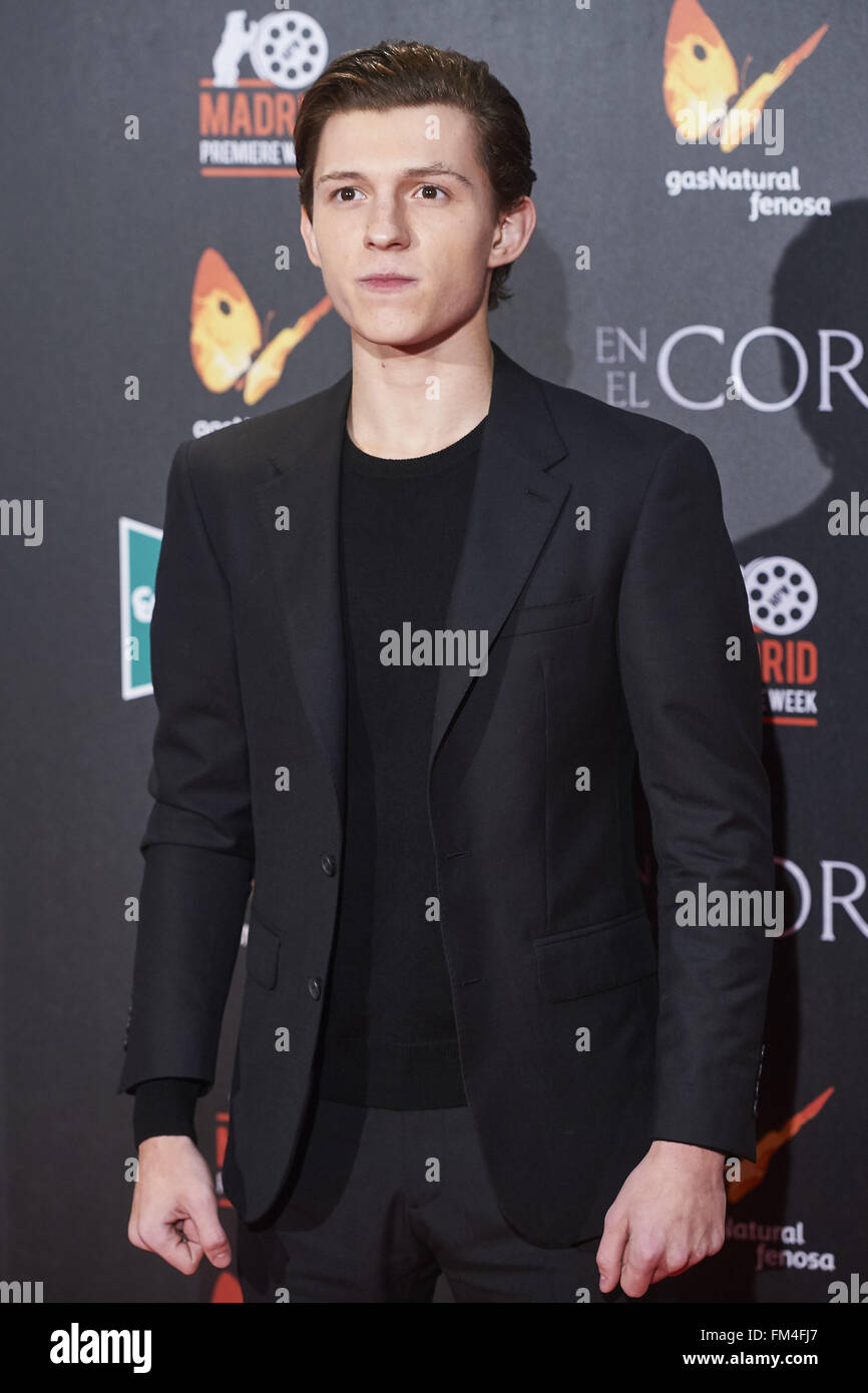 File. 10th Mar, 2016. Marvel and Sony announced that English actor TOM HOLLAND will play the next Peter Parker in the upcoming untitled 'Spider-Man' franchise. Pictured: Dec. 3, 2015 - Madrid, Spain - Tom Holland attended 'In the heart of the see' film premiere at Callao Cinema. © Jack Abuin/ZUMA Wire/Alamy Live News Stock Photo