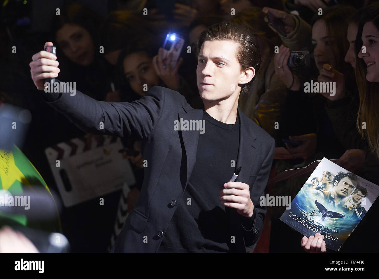 File. 10th Mar, 2016. Marvel and Sony announced that English actor TOM HOLLAND will play the next Peter Parker in the upcoming untitled 'Spider-Man' franchise. Pictured: Dec. 3, 2015 - Madrid, Spain - Tom Holland attended In the heart of the see film premiere at Callao Cinema. © Jack Abuin/ZUMA Wire/Alamy Live News Stock Photo