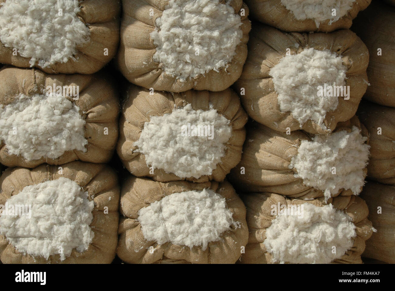 Pile of jute bags of harvested raw cotton bolls in the market, Old Cairo, Egypt Stock Photo
