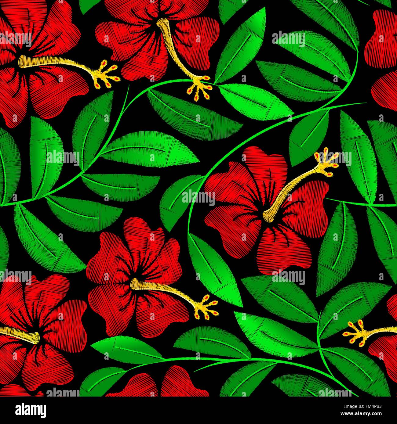 Tropical embroidery hibiscus plant in a seamless pattern . Stock Vector