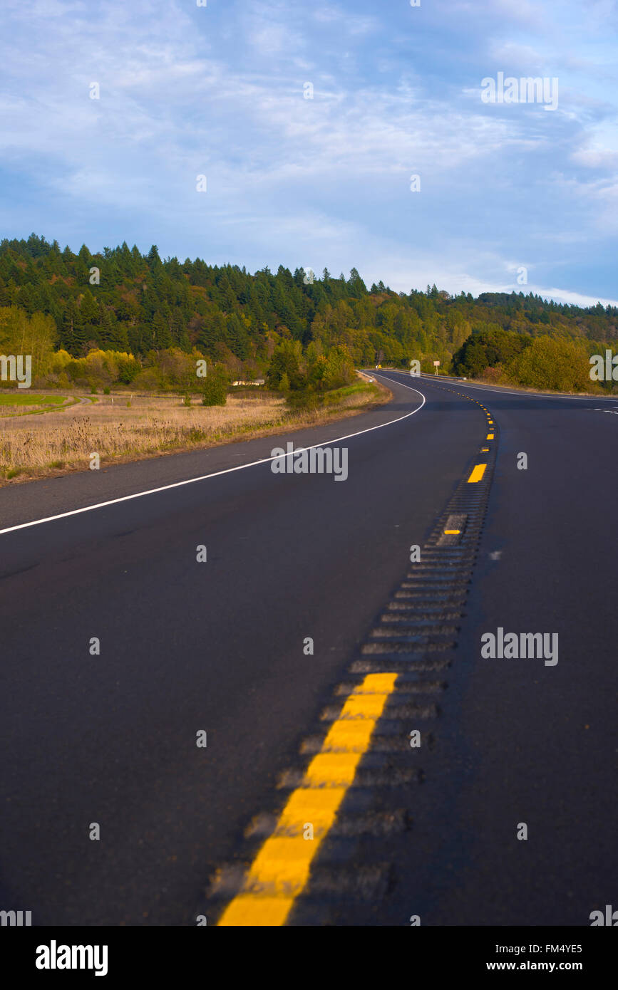 The broad highway that goes to a point on the horizon, with yellow