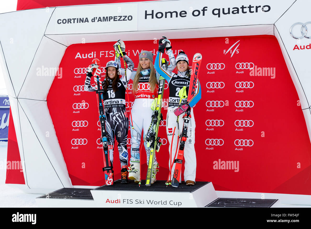 Cortina d’Ampezzo, Italy24 January2016. VONN Lindsey(Usa) winner, 2nd WEIRATHER Tina (Lie) and REBENSBURG Viktoria (Ger) 3rd in  Stock Photo
