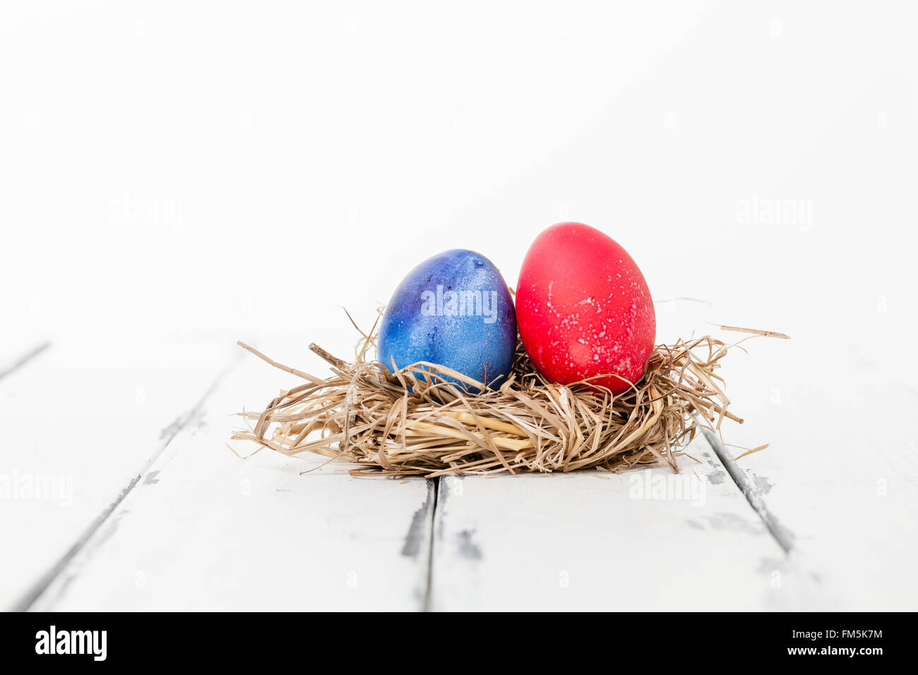 two colored eggs in a bird nest Stock Photo - Alamy
