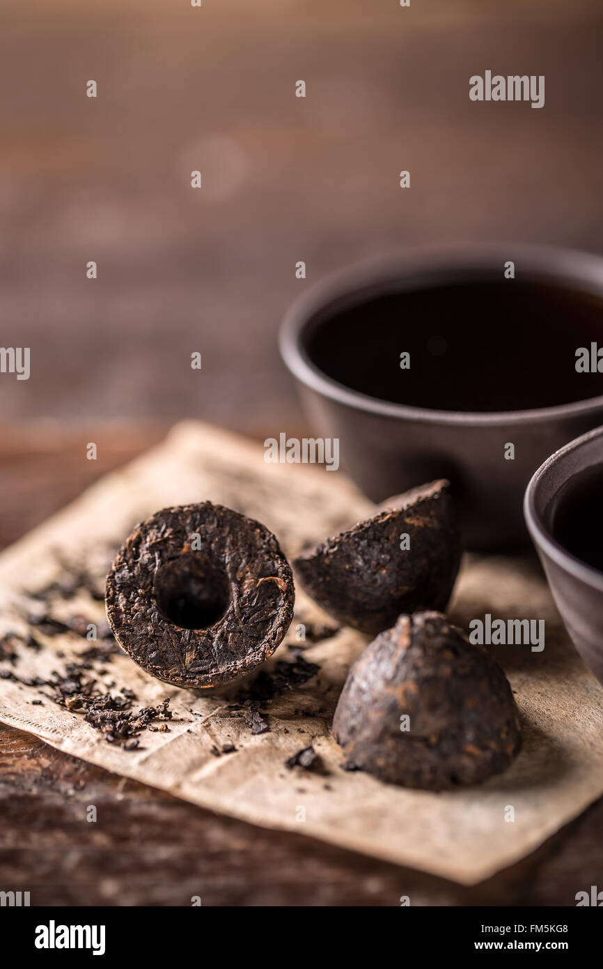 Fermented and aged dark tea named pu erh Stock Photo