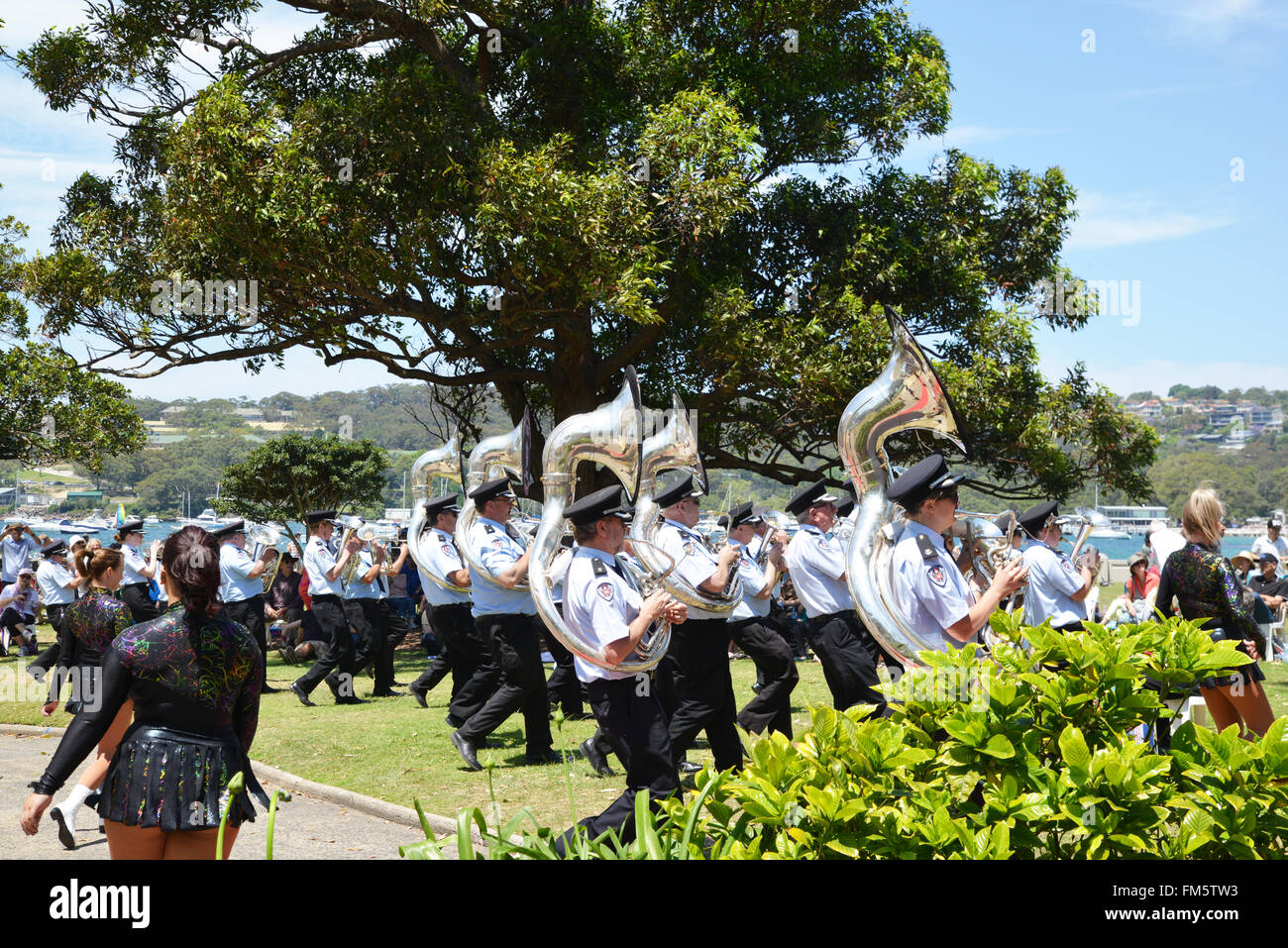 NSW Fire and Rescue Band Australia and Marching Girls on Sydney Beach Stock Photo
