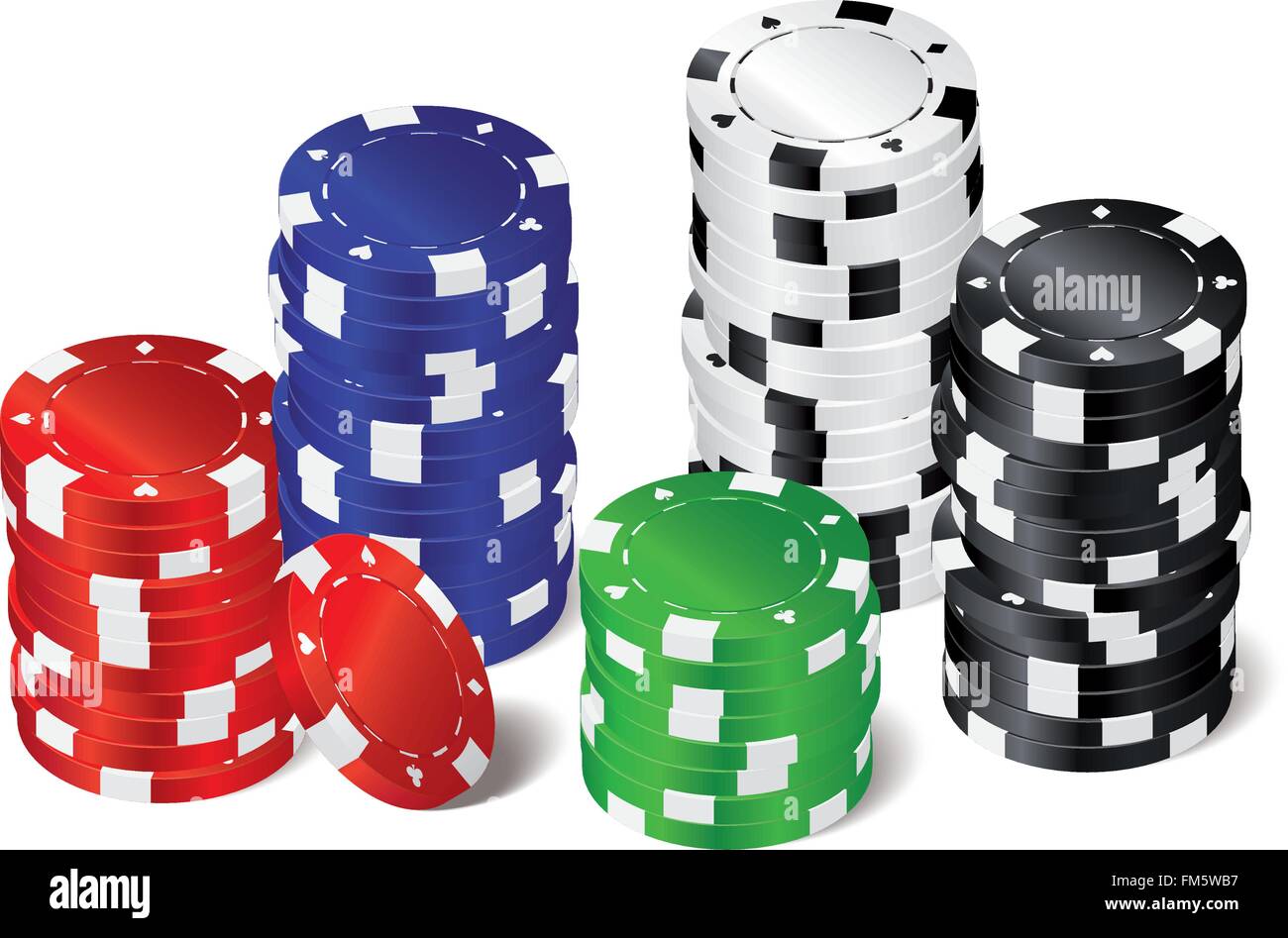 Five stacks of red, green, blue, white and black poker chips with playing card symbols Stock
