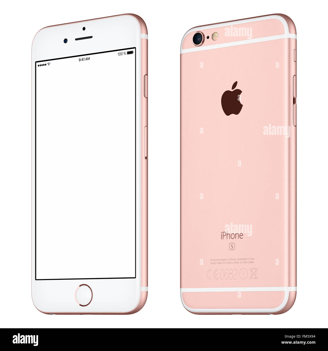 Varna, Bulgaria - October 24, 2015: Front view of Rose Gold Apple iPhone 6S mockup slightly clockwise rotated with white screen Stock Photo