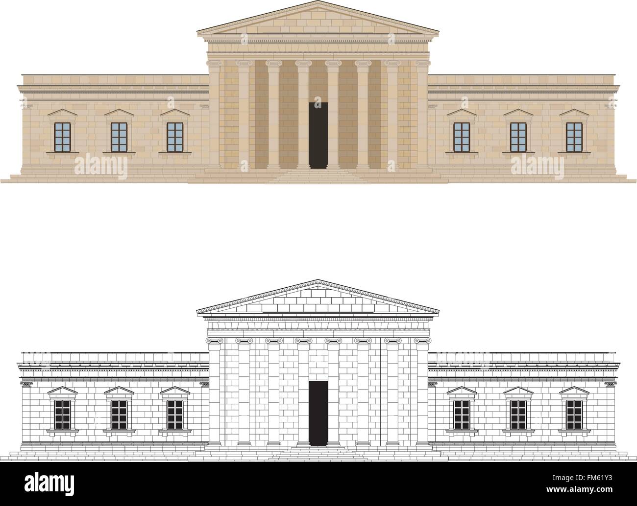 Classicistic palace with columns. Color and black and white version on different layers Stock Vector