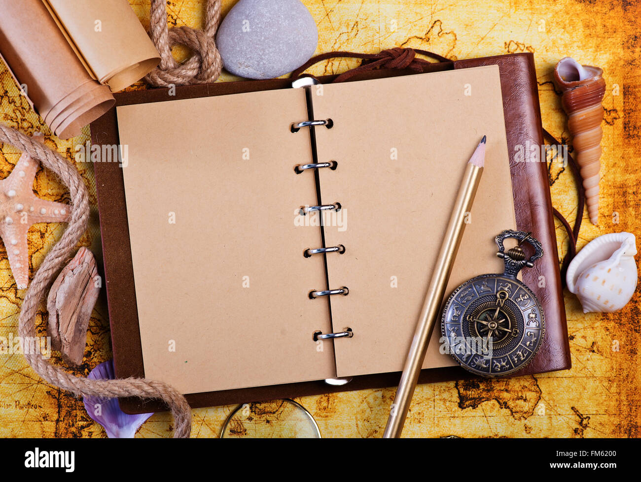 old notebook, loupe and compass on the map Stock Photo - Alamy