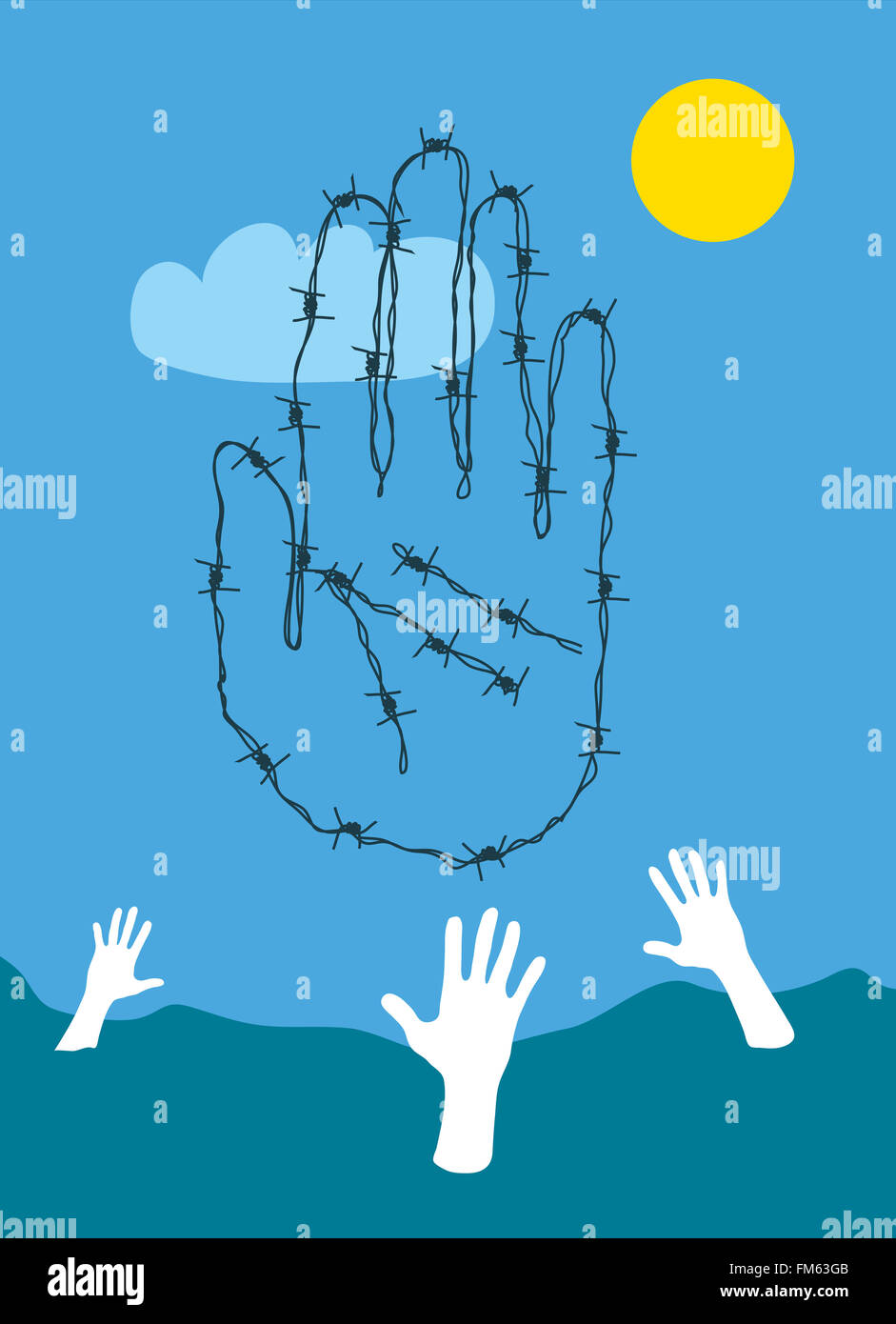 Barbed wire hand stopping drowning refugees Stock Photo