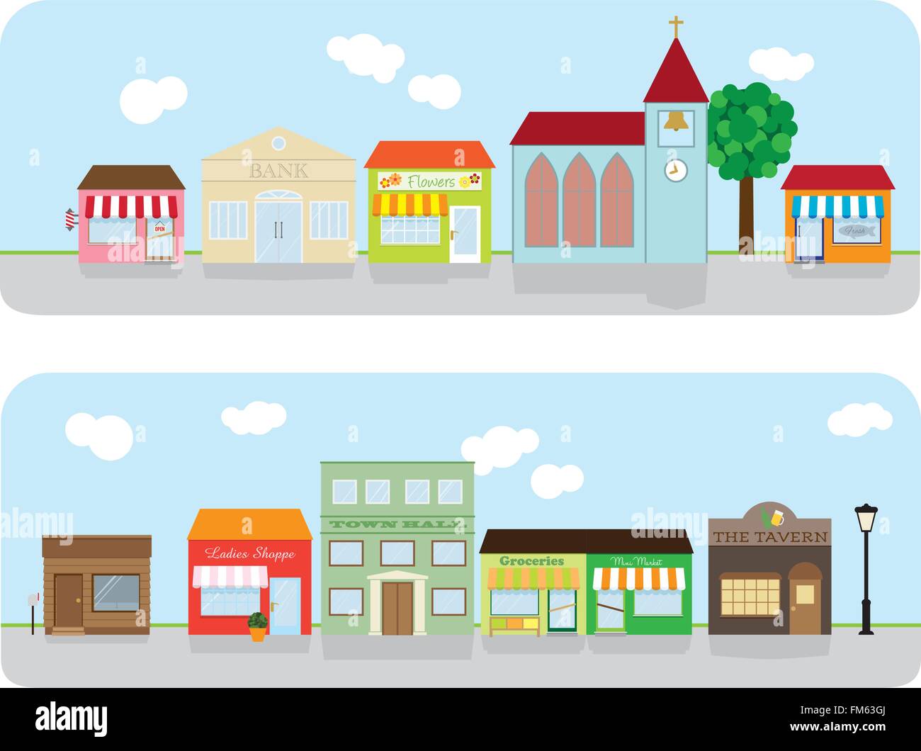 Small town main street with shops, church, bar and public buildings. Stock Vector