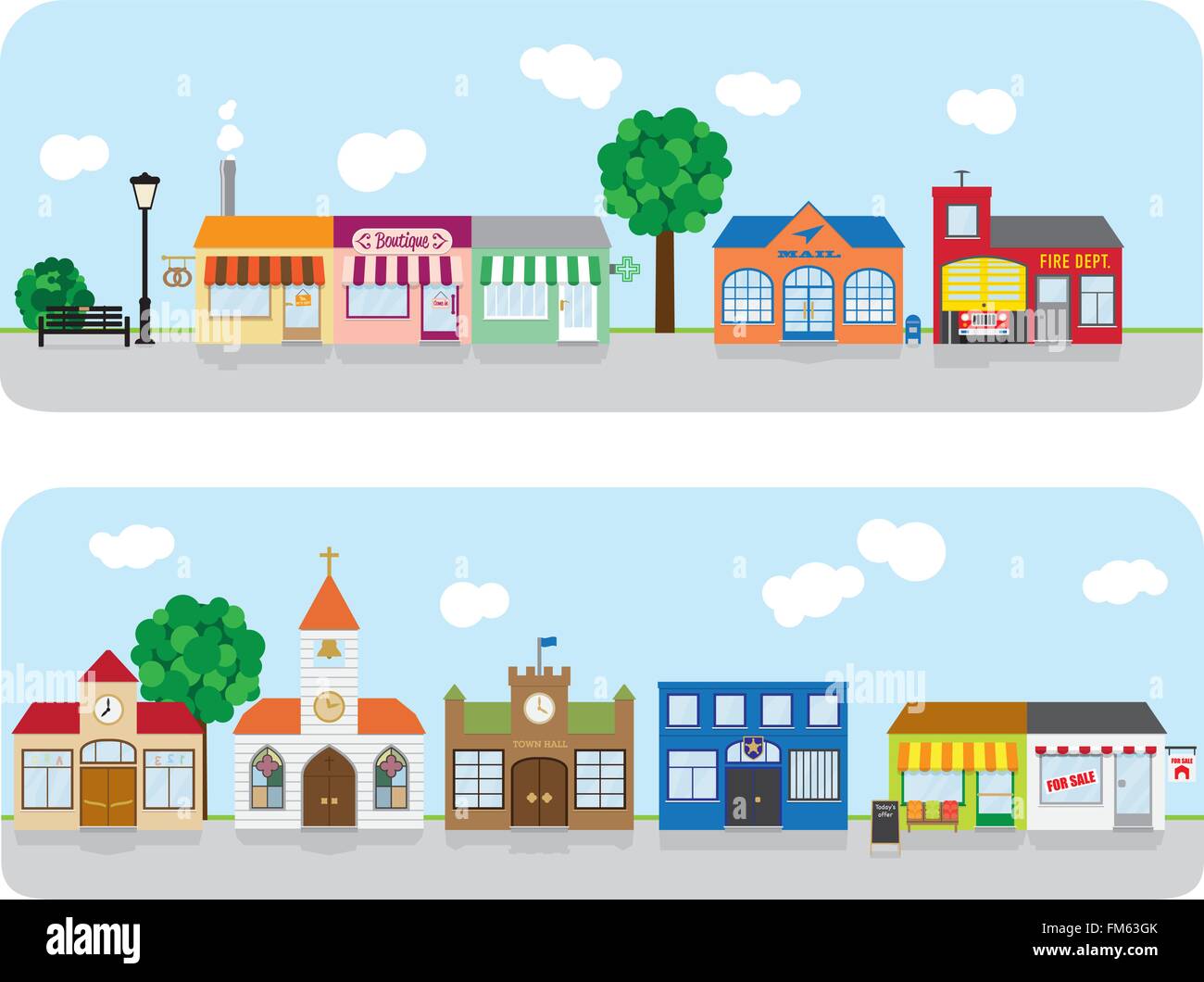 Small town main street with shops, church and public buildings. Stock Vector