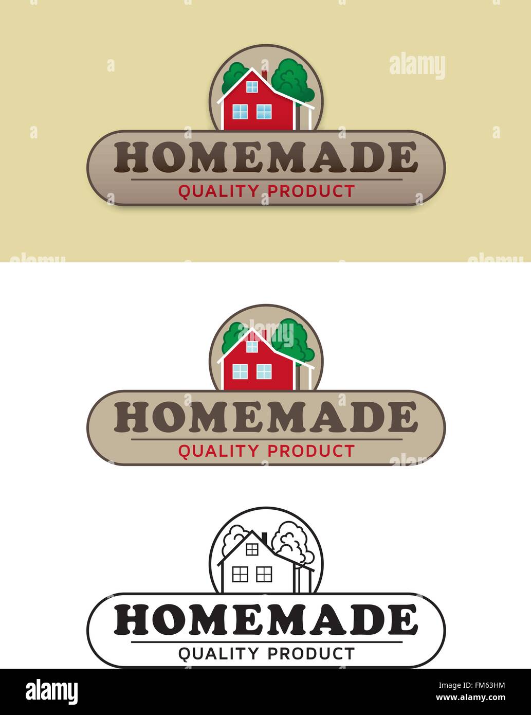 Shaded, flat design and black and white variations of Homemade product and packaging label Stock Vector