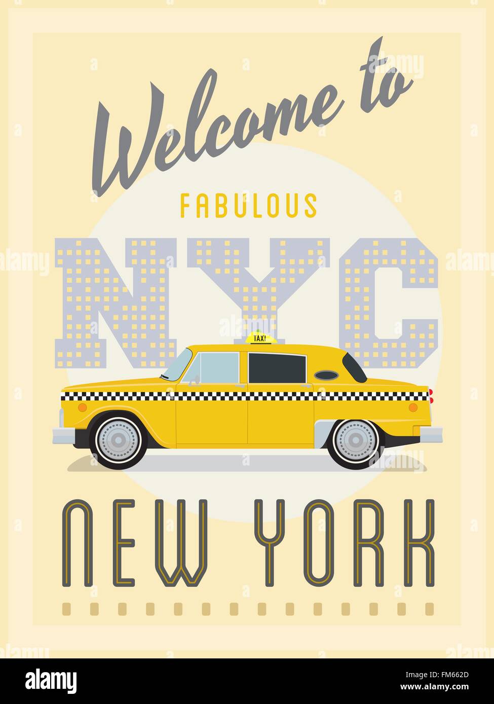 Vintage style poster advertising New York with yellow taxi cab Stock Vector