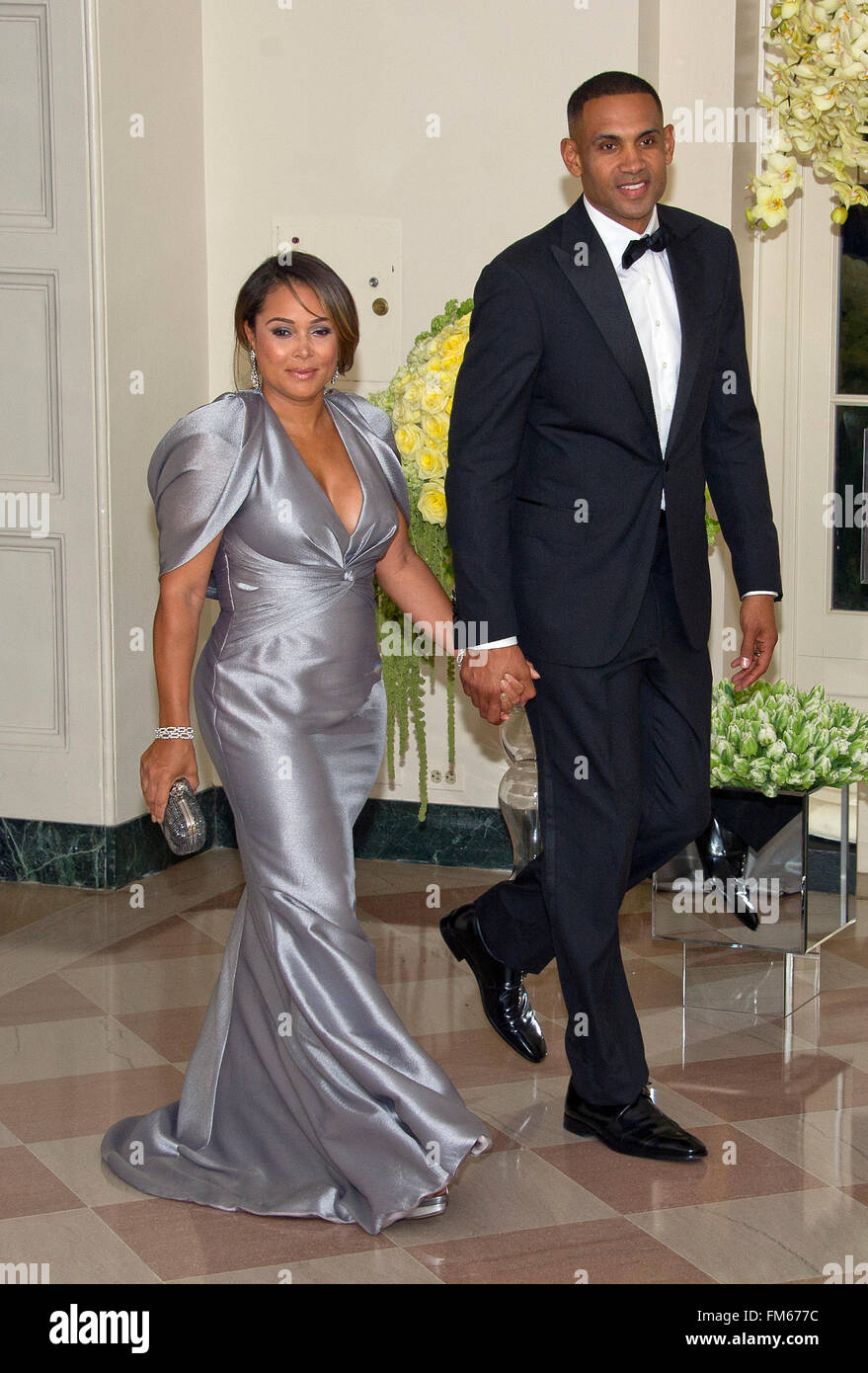 Washington DC, USA. 10th March, 2016. Grant Hill, Former Basketball Player, Member of The President·s Council on Fitness, Sports & Nutrition and Tamia Hill arrives for the State Dinner in honor of Prime Minister Trudeau and Mrs. Sophie Grégoire Trudeau of Canada at the White House in Washington, DC on Thursday, March 10, 2016. Credit:  dpa picture alliance/Alamy Live News Stock Photo
