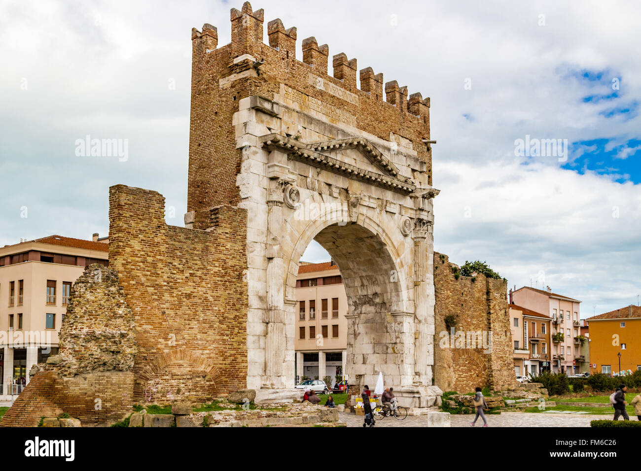 Arch of Augustus, an ancient Roman gateway to the city of Rimini in Italy Stock Photo
