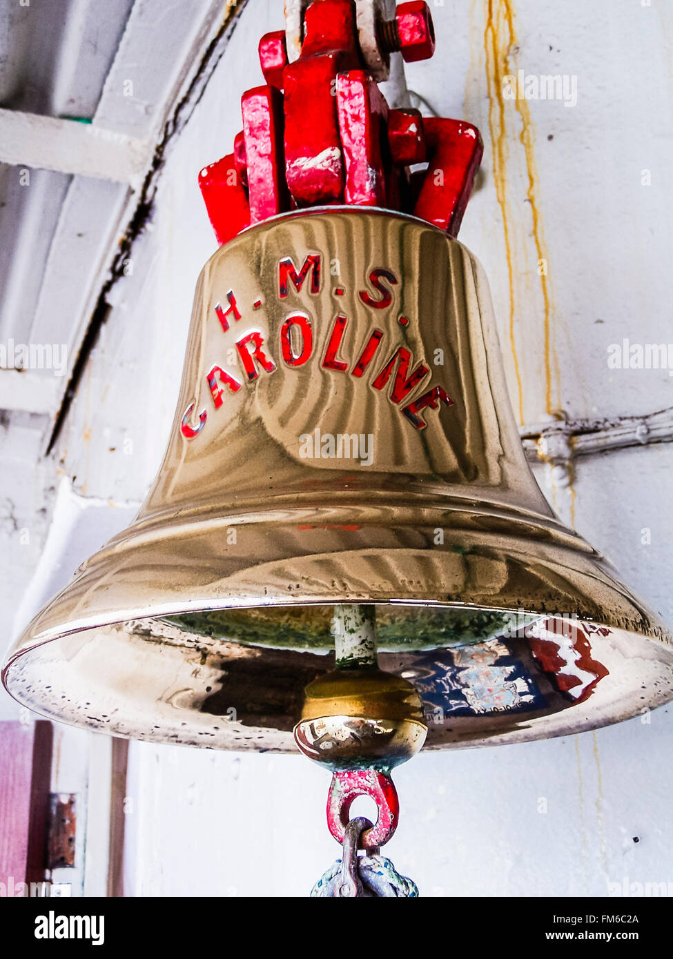 Bell onboard HMS Caroline, a World War 1 frigate and last remaining ship from the Battle of Jutland. Stock Photo