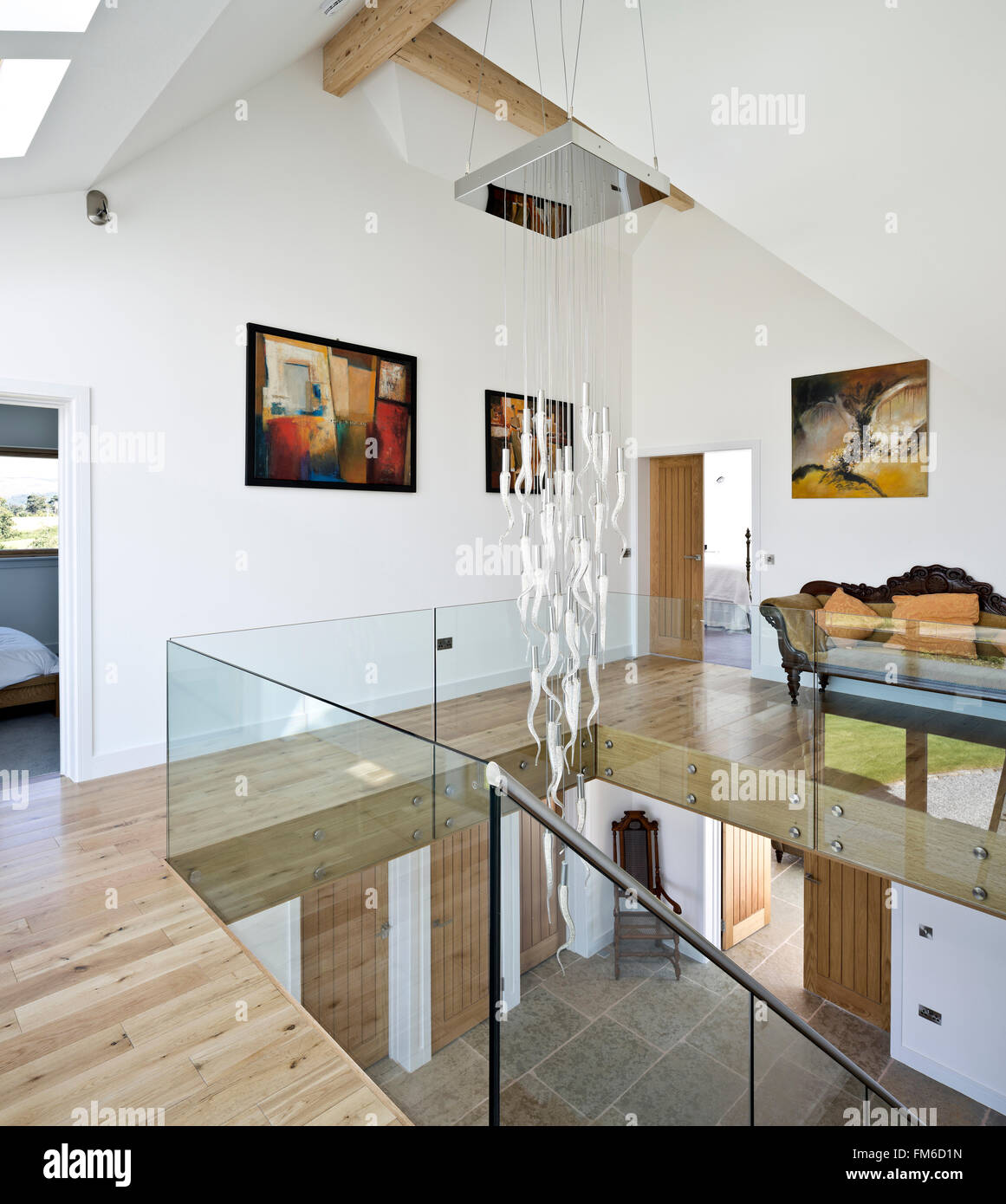 An interior view of a modern residential property called the Amor House, in Gleneagles, showing the landing and some furnishings. Stock Photo