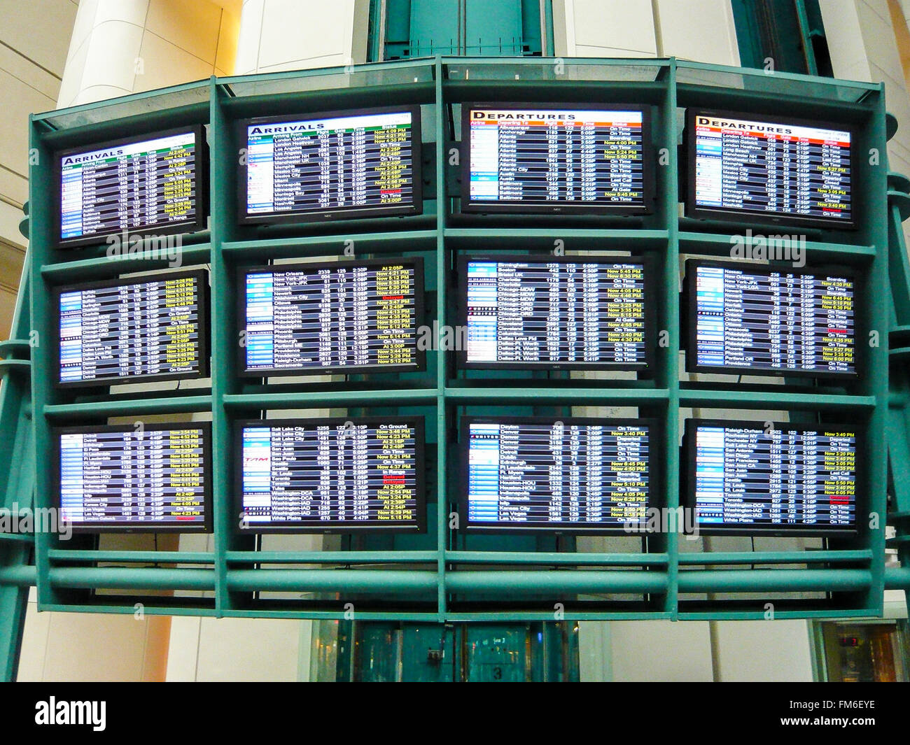 Departure and arrival signs at Orlando International Airport, Florida Stock Photo