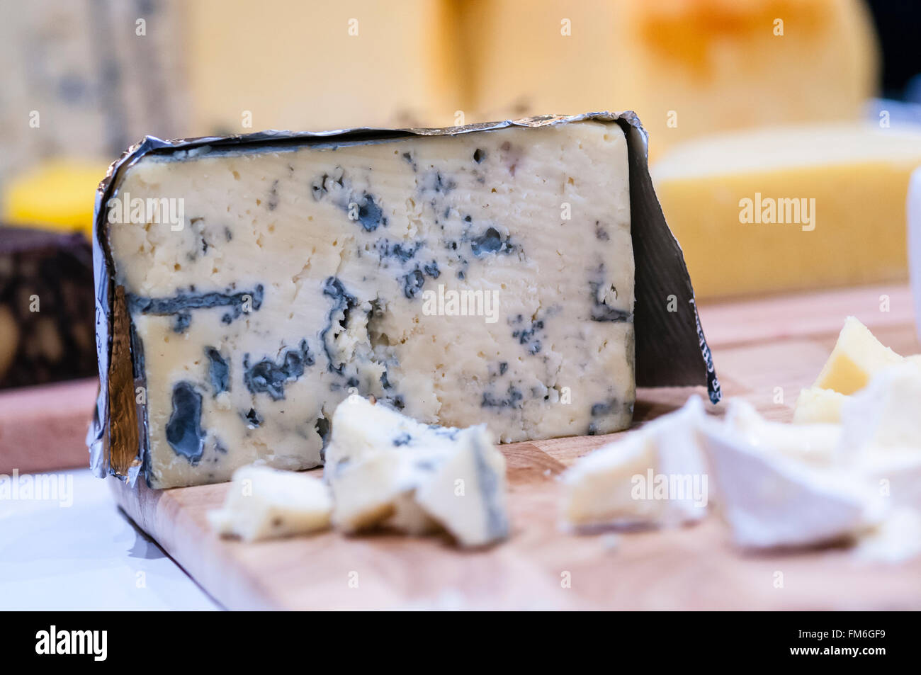 Cashel Blue cheese on a cheeseboard. Stock Photo