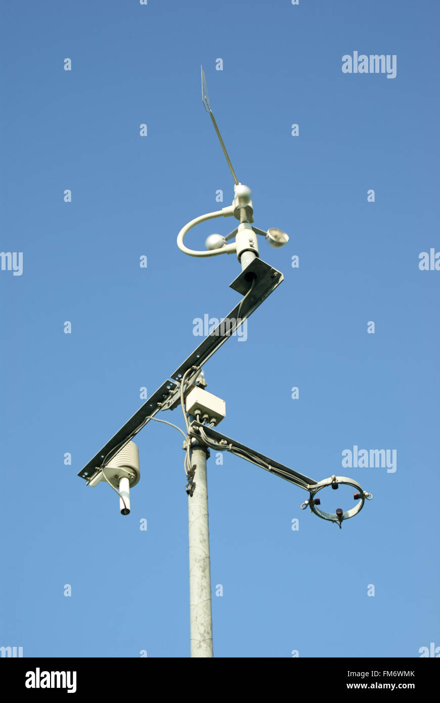 MINSK, BELARUS - AUGUST 2, 2015 - Meteorological station and tools on the blue background of the sky. Stock Photo