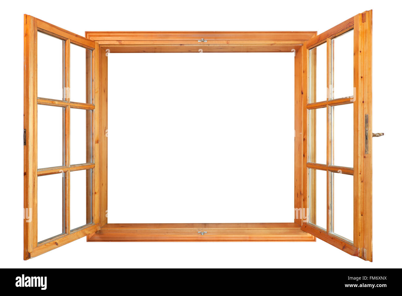 Open wooden window isolated on white background from inside Stock Photo