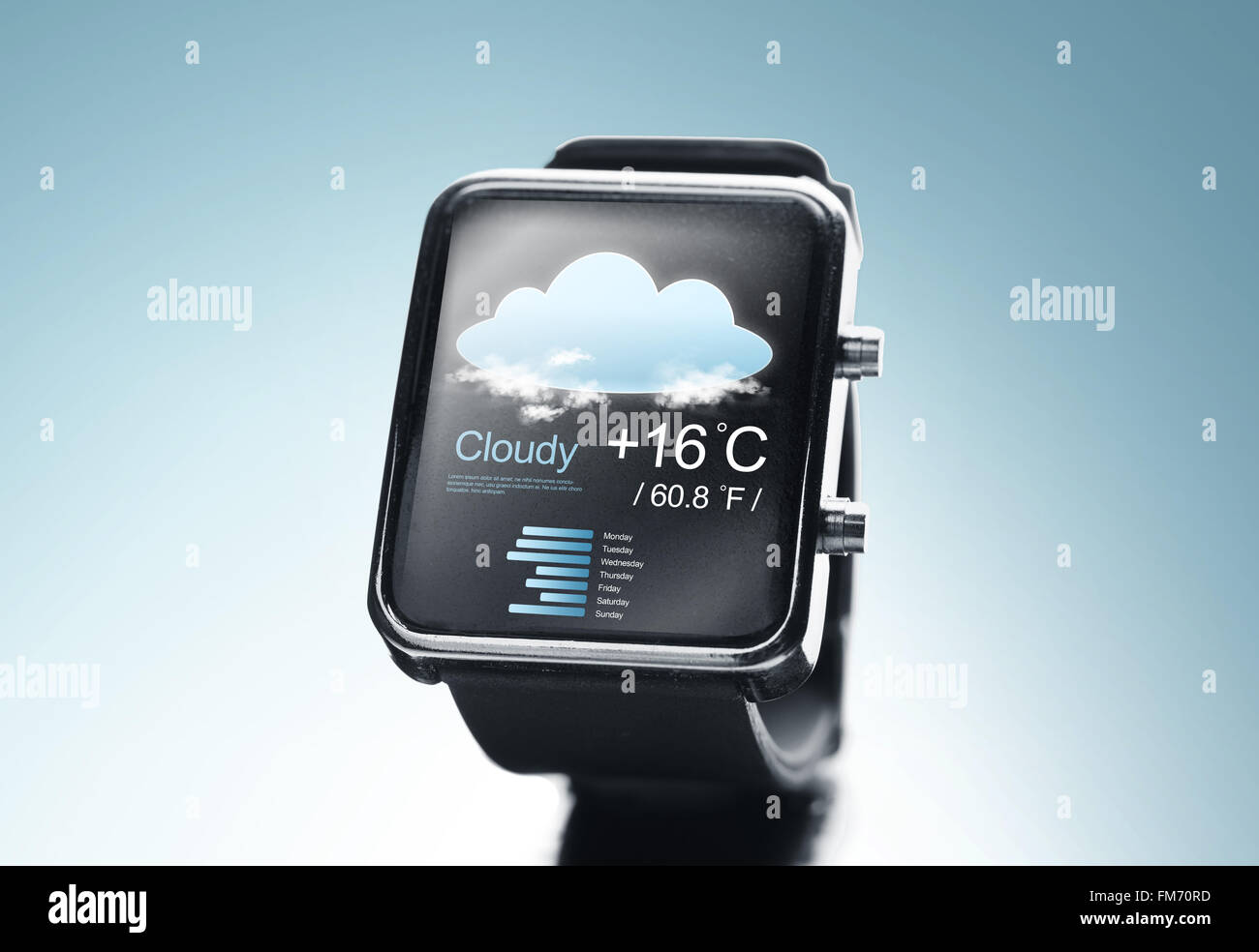 close up of black smart watch with weather app Stock Photo - Alamy
