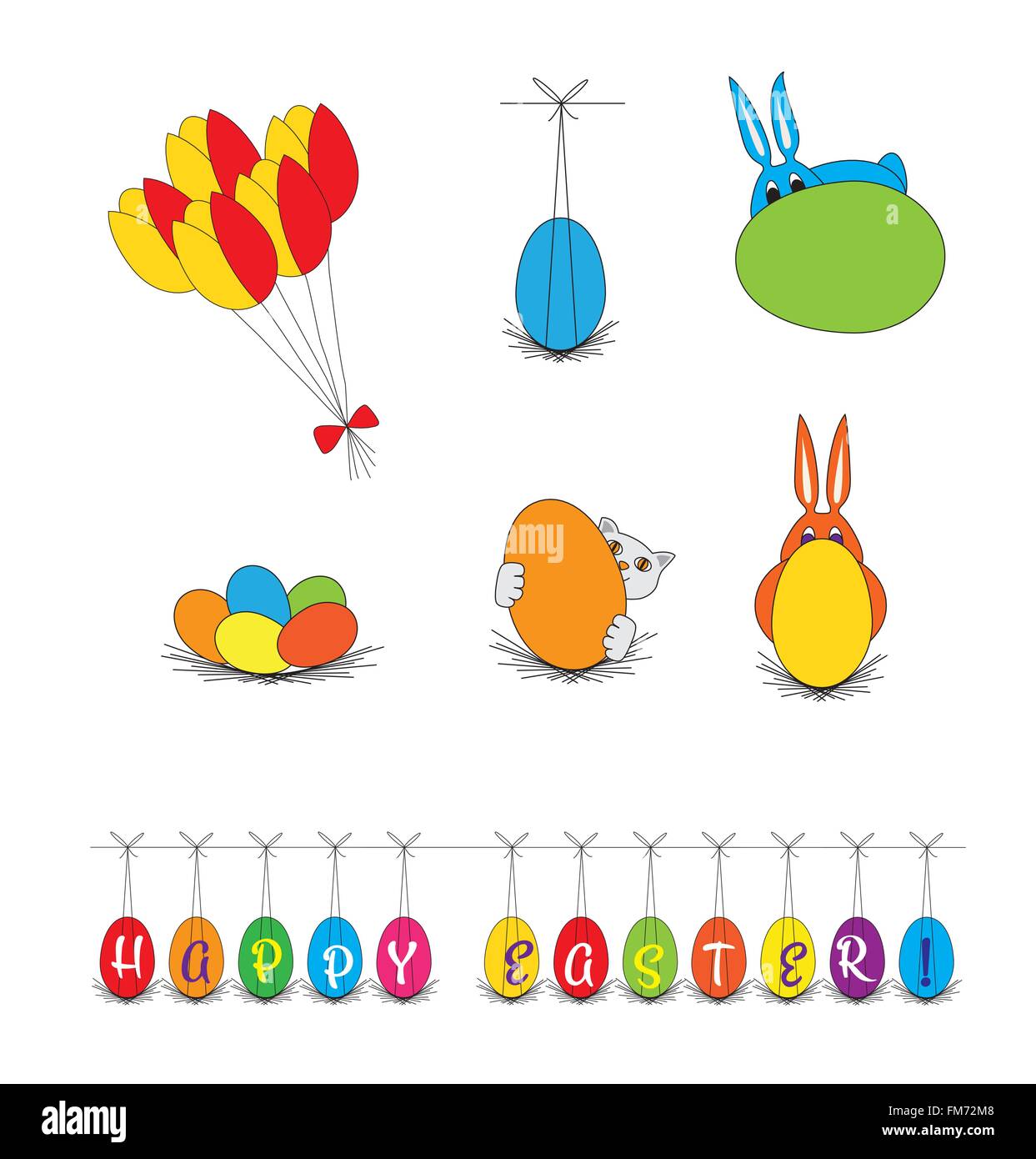 Vector - Easter elements, clip art, illustrations, bright colors. Bunny rabbit and cat hiding behind eggs, flowers , banner Stock Vector