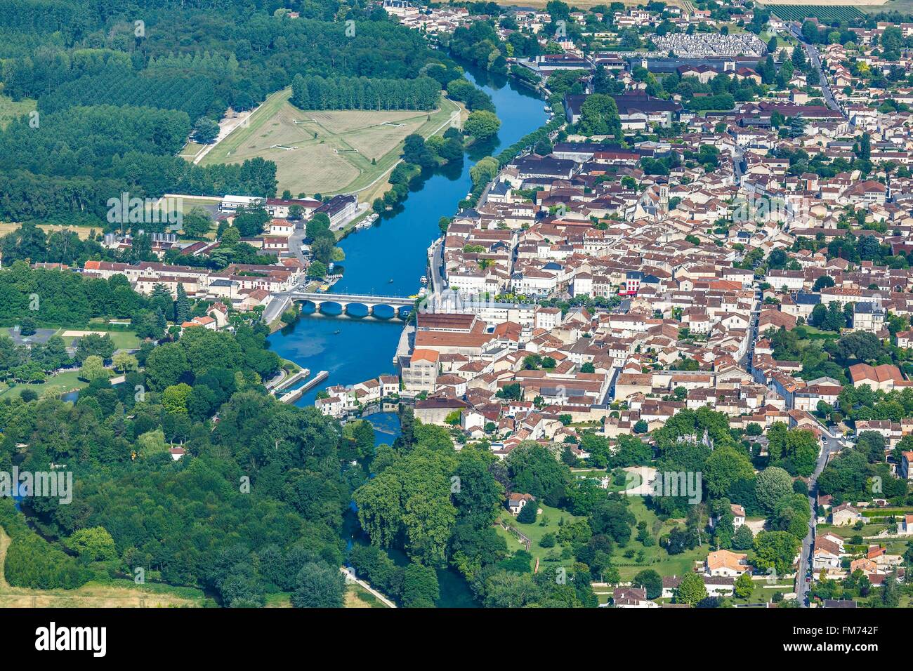 France, Charente, Jarnac, the town on the Charente river (aerial view) Stock Photo