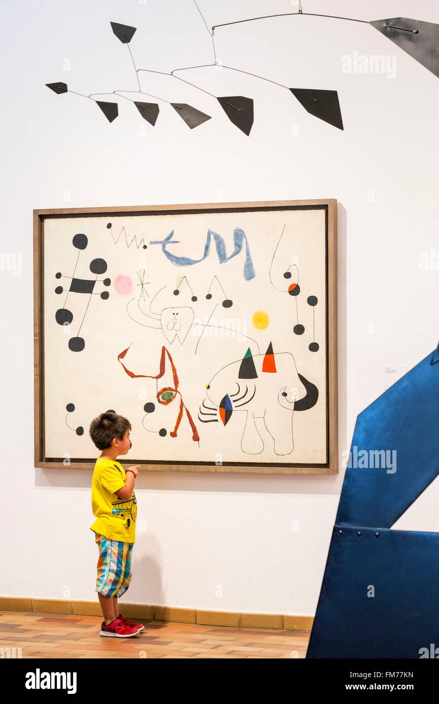 Spain, Catalonia, Barcelona, Montjuic, Joan Miro Foundation, the museum designed by the Catalan architect Josep Lluis Sert and opened in 1975, Joan Miro painting and sculpture by Alexander Calder Stock Photo