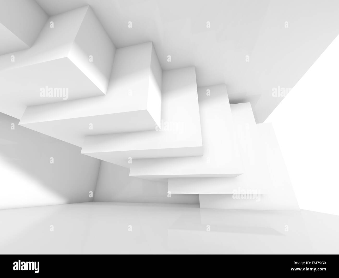 Abstract white interior with intersected cubes installation. Empty architecture background, 3d illustration Stock Photo