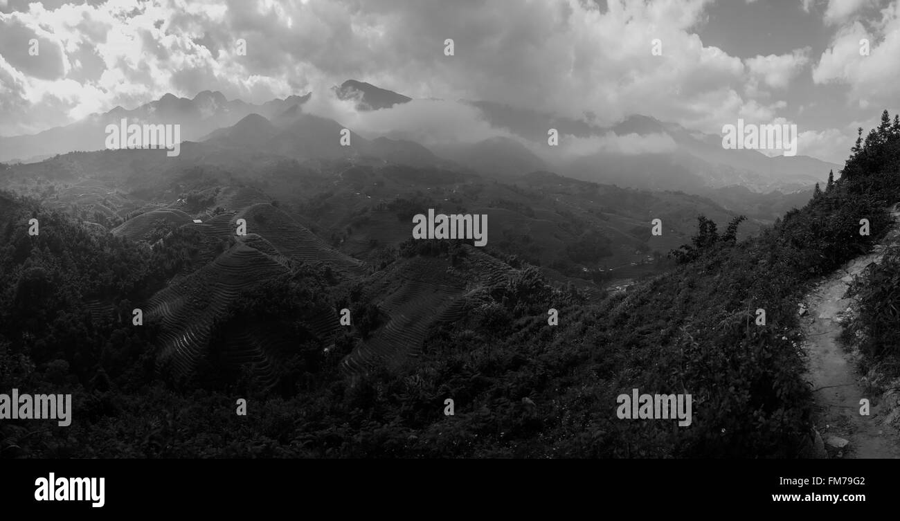 A view of the rice fields and hills of Sapa, Vietnam, converted to black and white Stock Photo