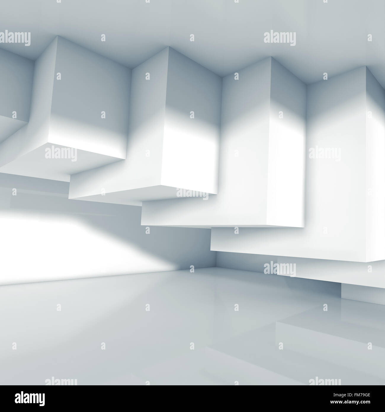 Abstract white room interior design with intersected cubes installation
