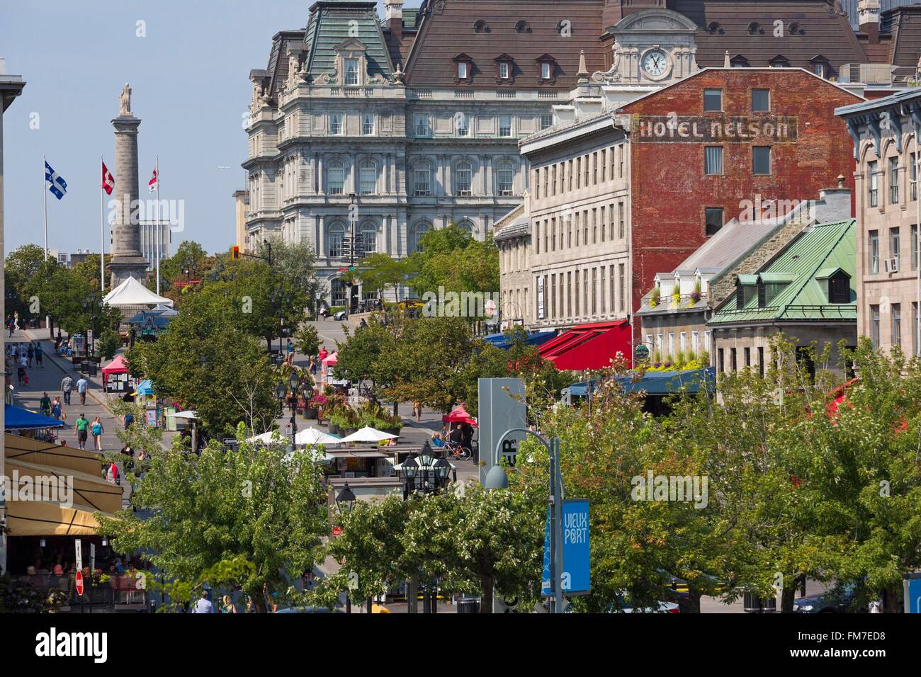 Canada, Quebec province, Montreal, Old Montreal, the Old Port, Place Jacques Cartier, statue of Nelson and the town hall Stock Photo