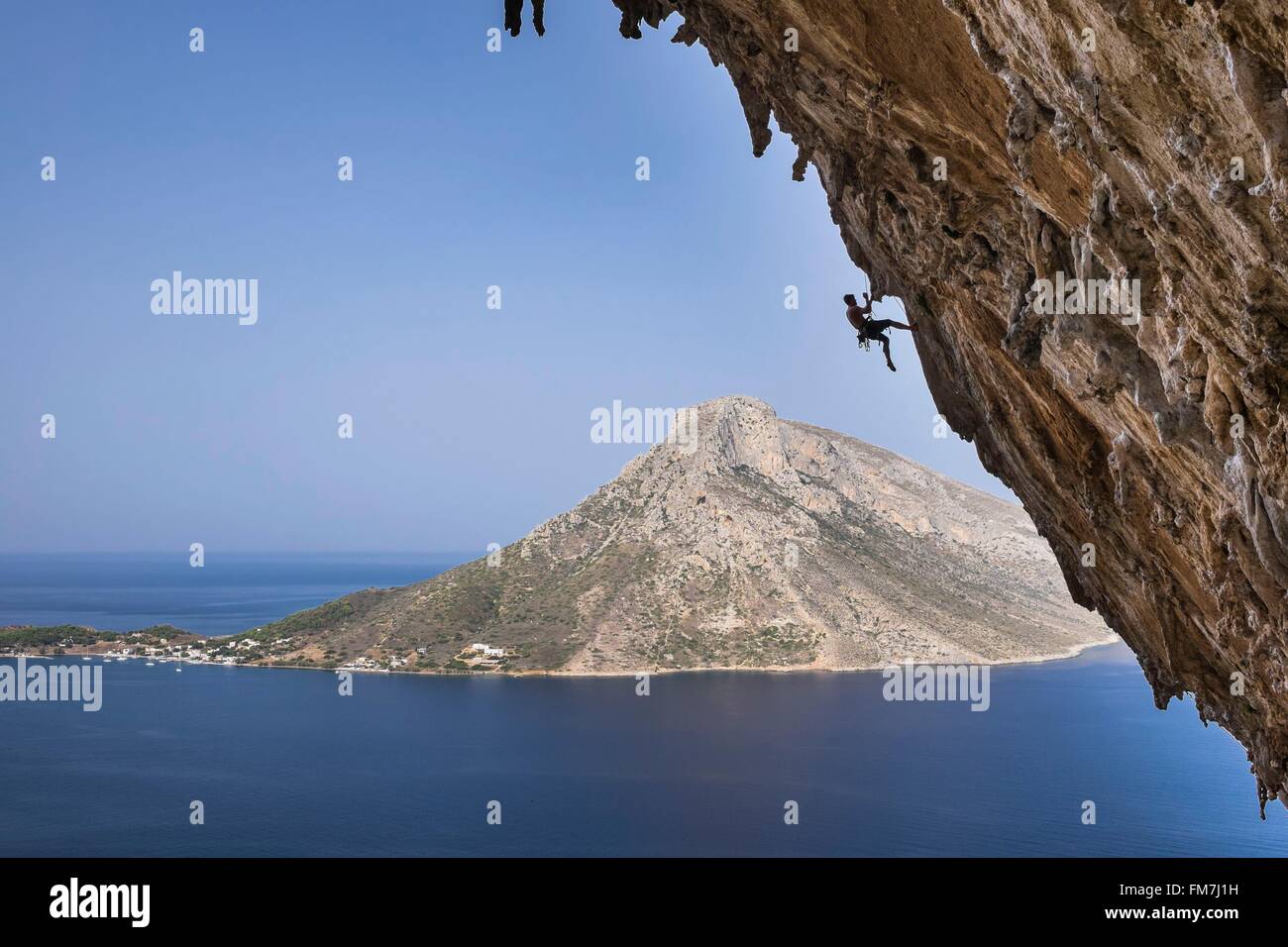 Greece, Dodecanese archipelago, Kalymnos island, Massouri, Telendos islet seen from the Grande Grotta climbing site Stock Photo