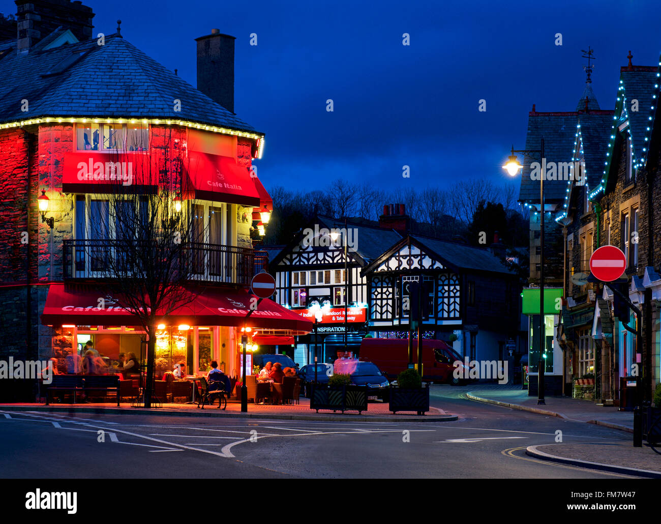 Windermere town at night, Lake District National Park, Cumbria, England UK Stock Photo