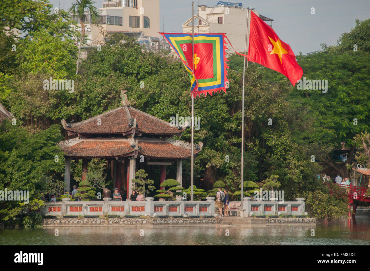 Ngoc Son temple, reflected in Hoan Kiem Lake, Hanoi, Vietnam Stock Photo
