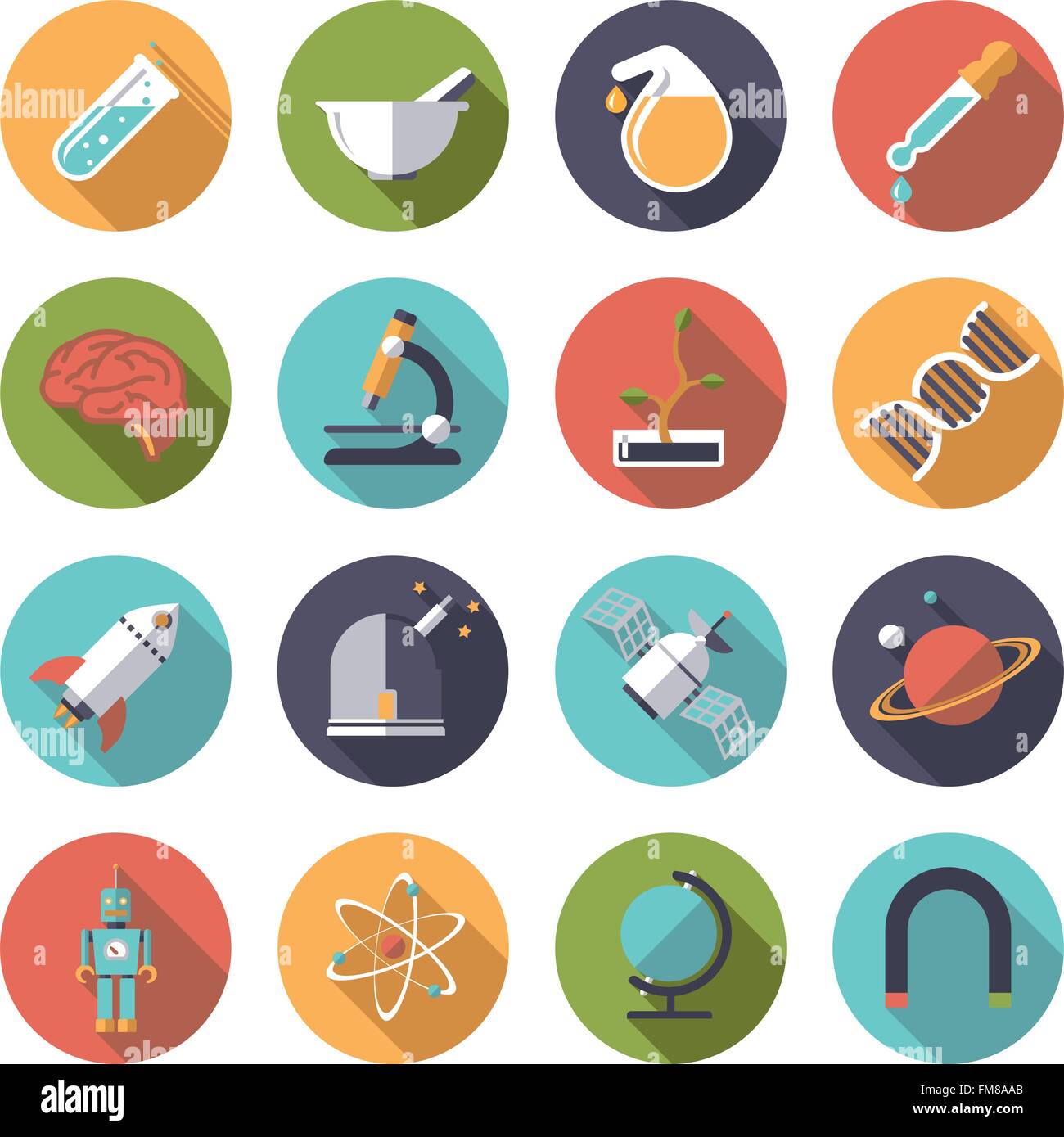 collection of 16 flat design science and research themed icons in