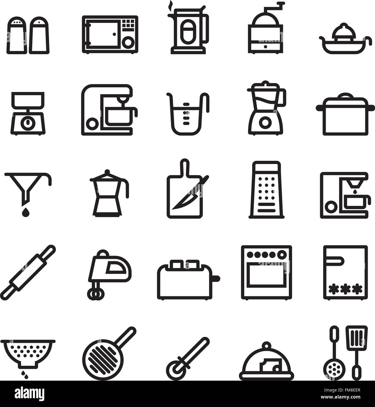 Cooking Utensils and Kitchen Appliances bold line icons  set Stock Vector