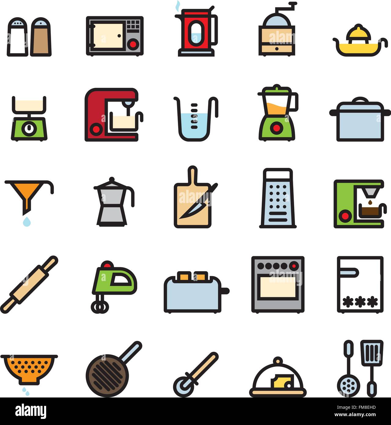 Cooking Utensils and Kitchen Appliances colored line icons  set Stock Vector