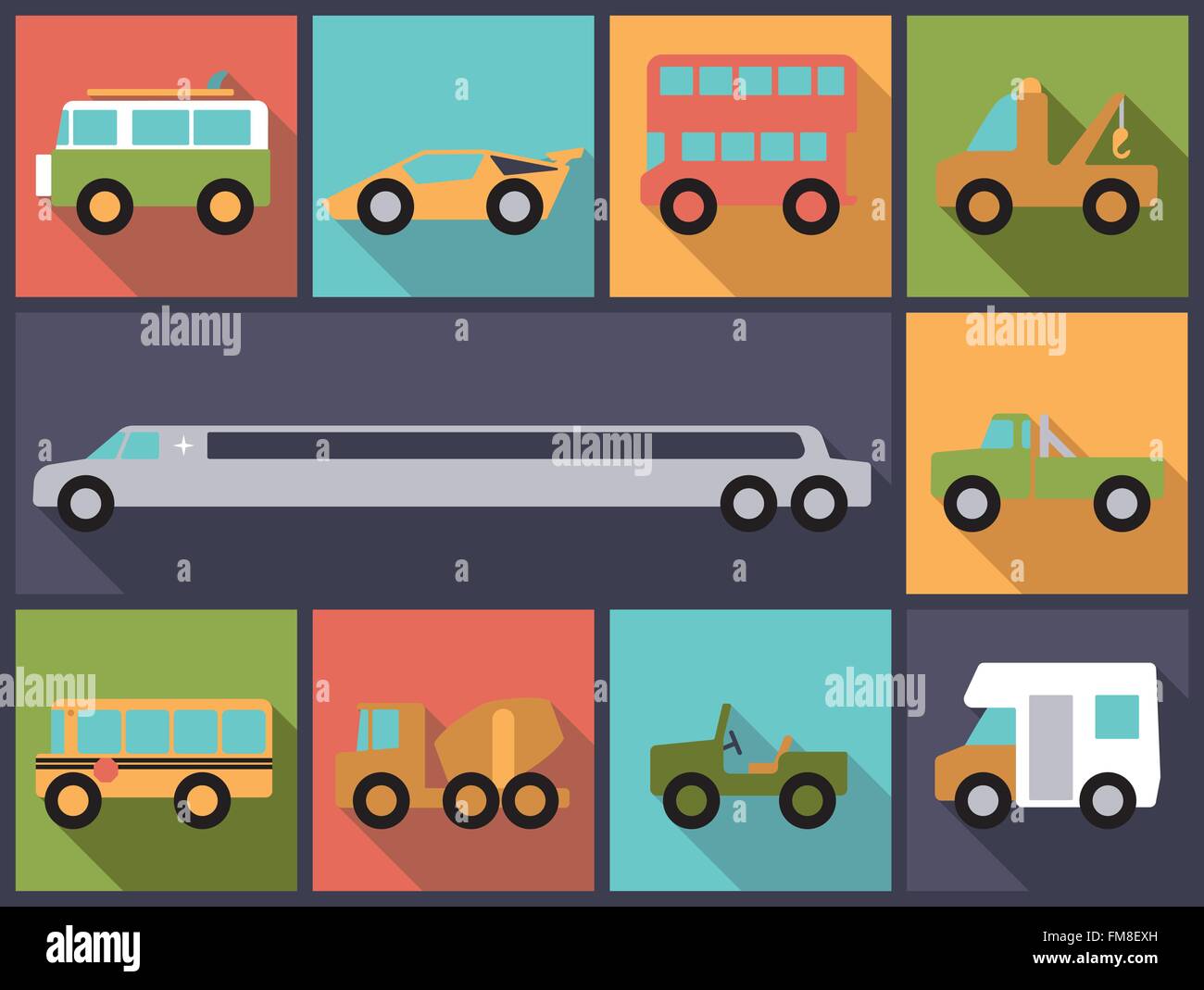 Flat design illustration with various cars, trucks, buses and vans Stock Vector