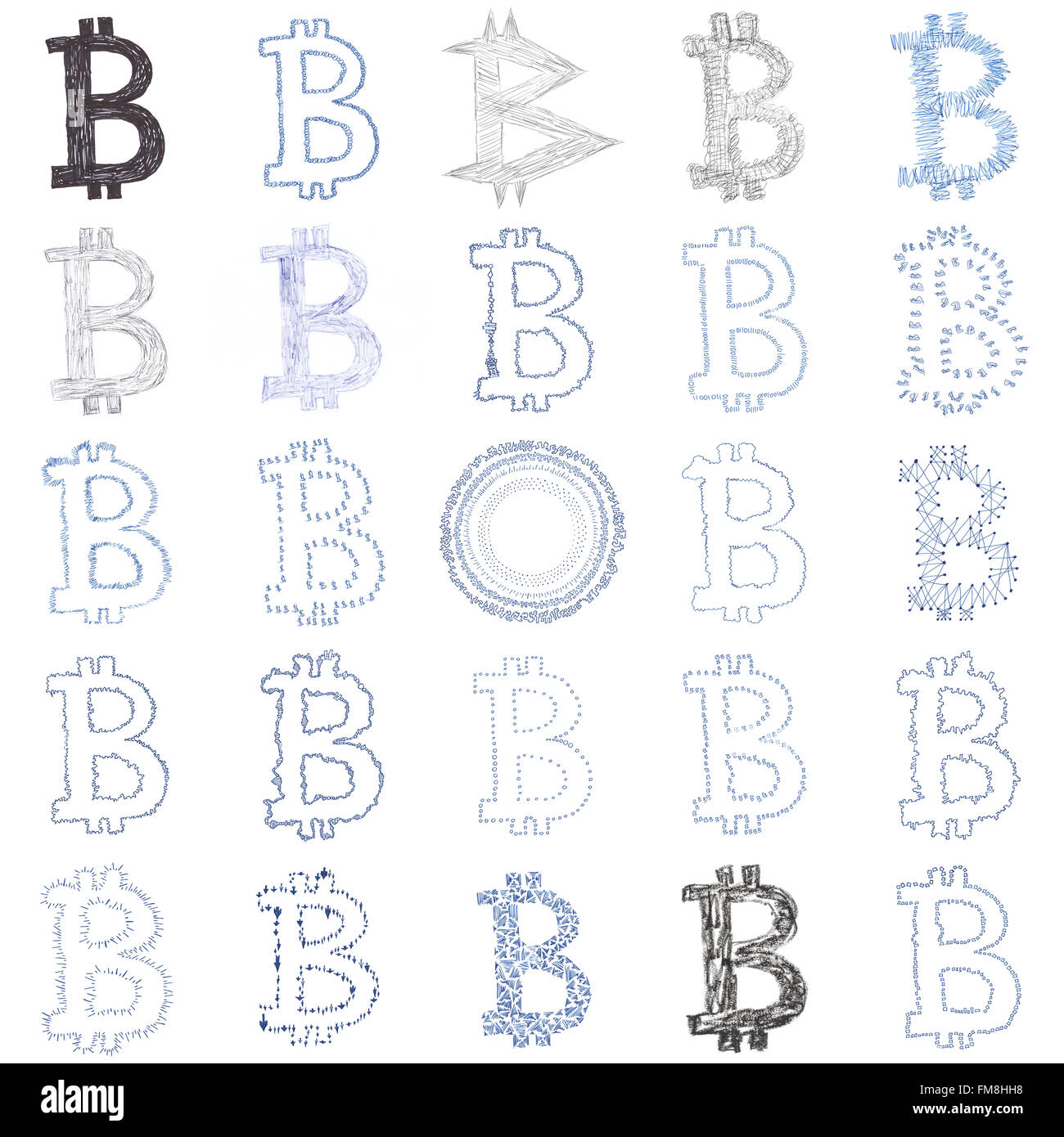 Hand-drawn Bitcoin logo. Collage of a digital decentralized crypto currency symbols. Stock Photo
