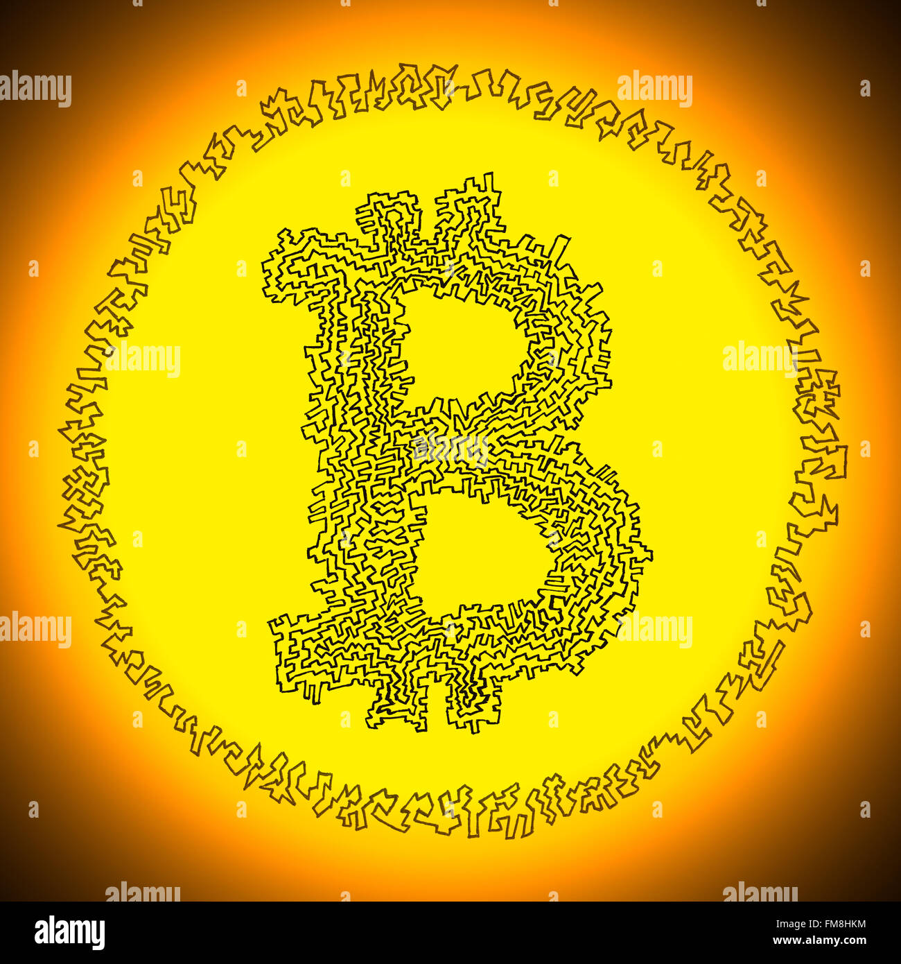 Serrated golden radiant Bitcoin illustration. Logo of a digital decentralized crypto currency coin. Stock Photo