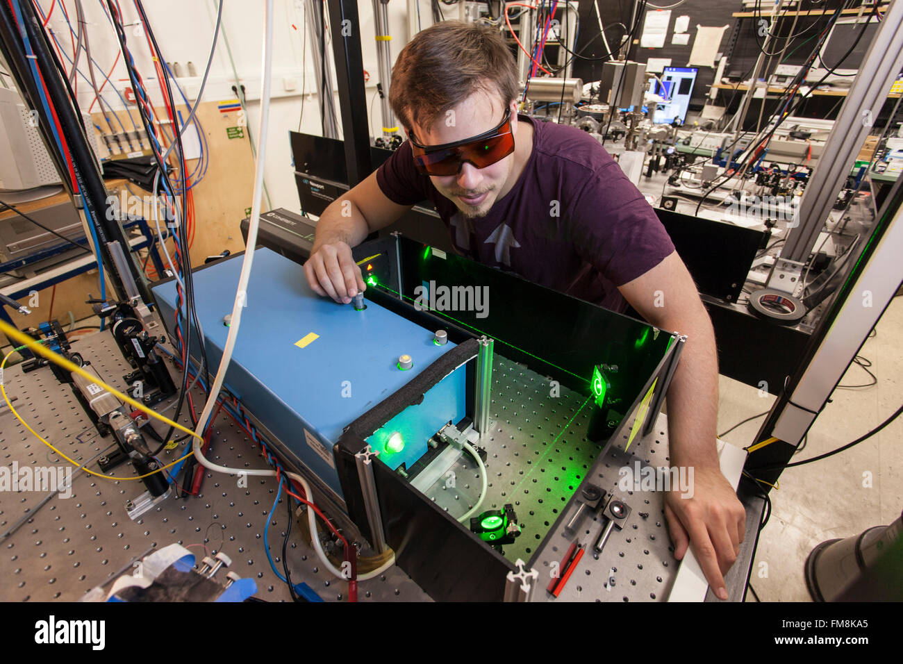 Experimental setup in a laser laboratory at the Institute for Experimental Physics in Dusseldorf, Germany Stock Photo