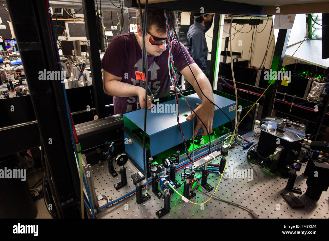 Experimental setup in a laser laboratory at the Institute for Experimental Physics in Dusseldorf, Germany Stock Photo