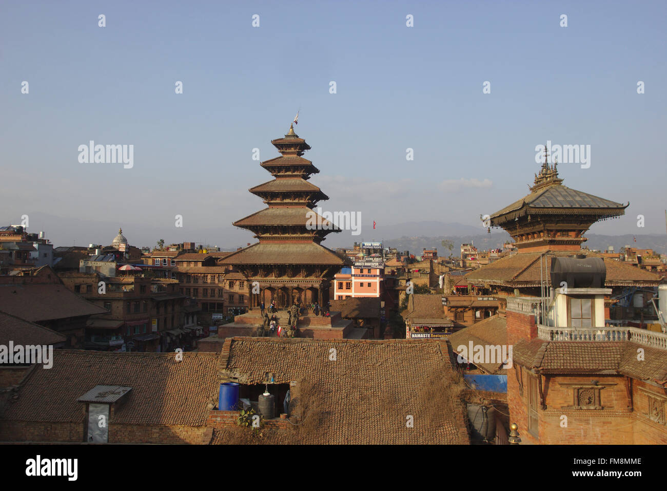 Nyatapola Temple and Bhairabnath Temple, view from a rooftop, Bhaktapur, Nepal Stock Photo