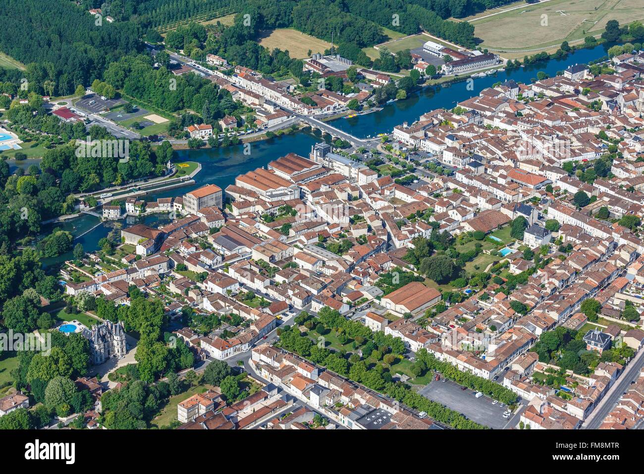 France, Charente, Jarnac, the town on the Charente river (aerial view) Stock Photo