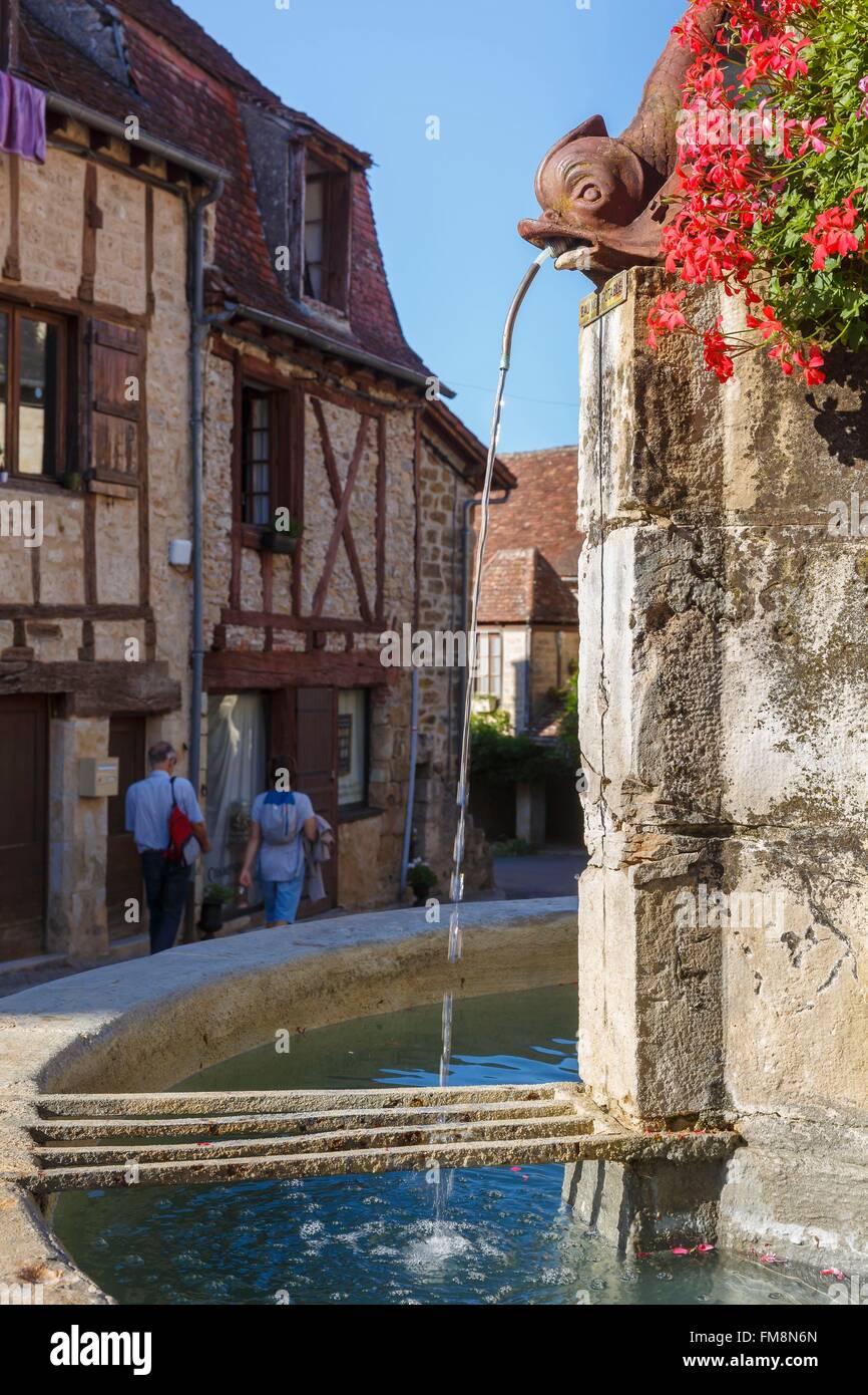 France, Lot, Autoire, labelled Les Plus Beaux Villages de France (The Most beautiful Villages of France), the fountain Stock Photo