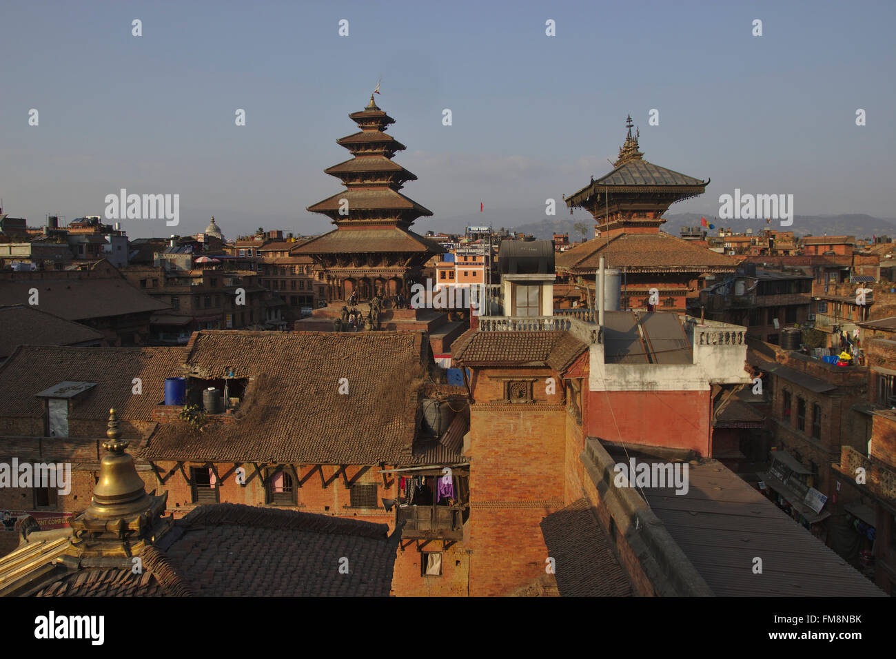 Nyatapola Temple and Bhairabnath Temple (back), Til Mahadev Narayan Temple (front), view from a rooftop, Bhaktapur, Nepal Stock Photo