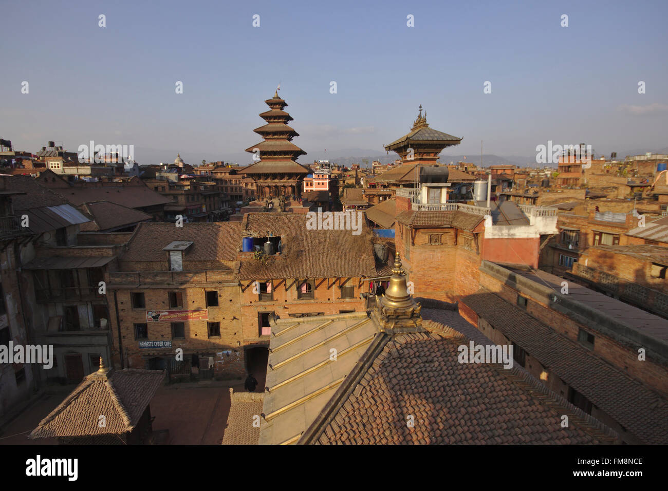 Nyatapola Temple and Bhairabnath Temple (back), Til Mahadev Narayan Temple (front), view from a rooftop, Bhaktapur, Nepal Stock Photo